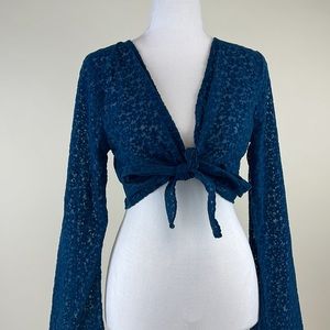 Bell Sleeve Tie Front Blouse Dark Teal Blue Crop Cover Up Top Wild Fable